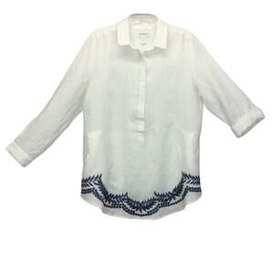Peck & Peck Tunic Top Women's Size L Linen Lagenlook White w/Blue Embroidery